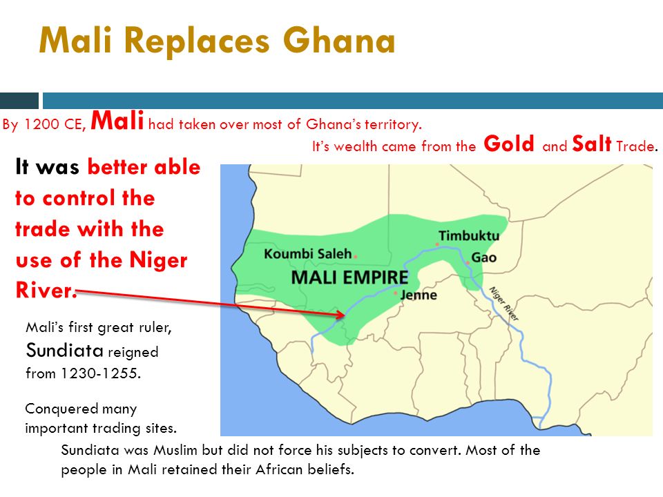 Mali Replaces Ghana By 1200 CE, Mali had taken over most of Ghana’s territory.