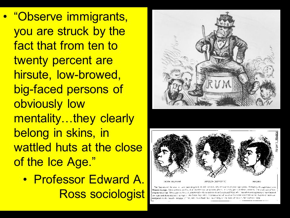 Observe immigrants, you are struck by the fact that from ten to twenty percent are hirsute, low-browed, big-faced persons of obviously low mentality…they clearly belong in skins, in wattled huts at the close of the Ice Age. Professor Edward A.