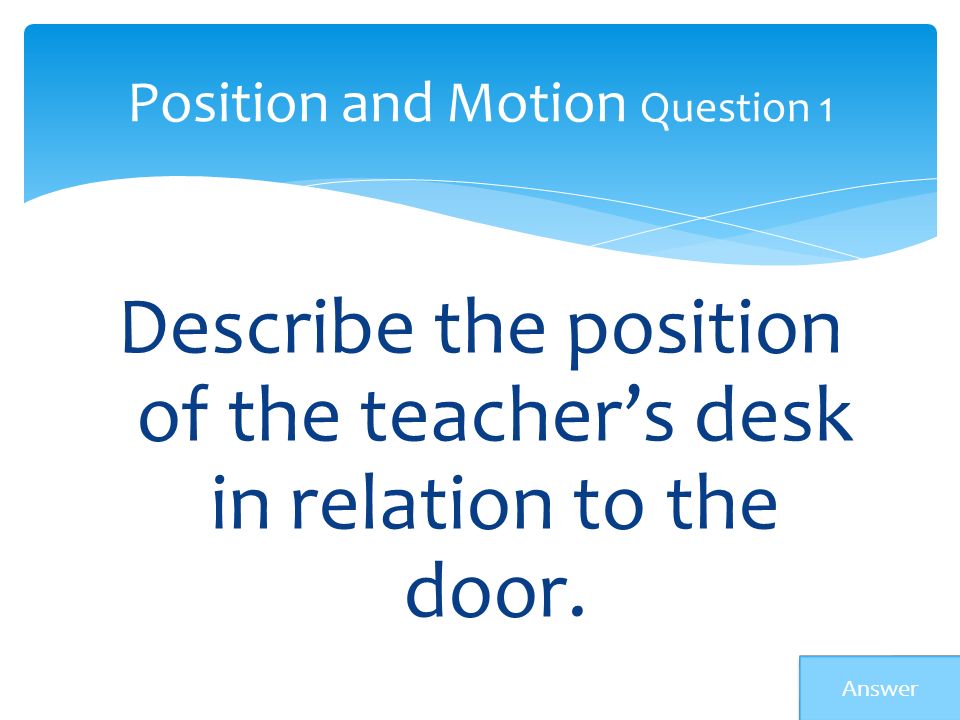 Describe the position of the teacher’s desk in relation to the door.