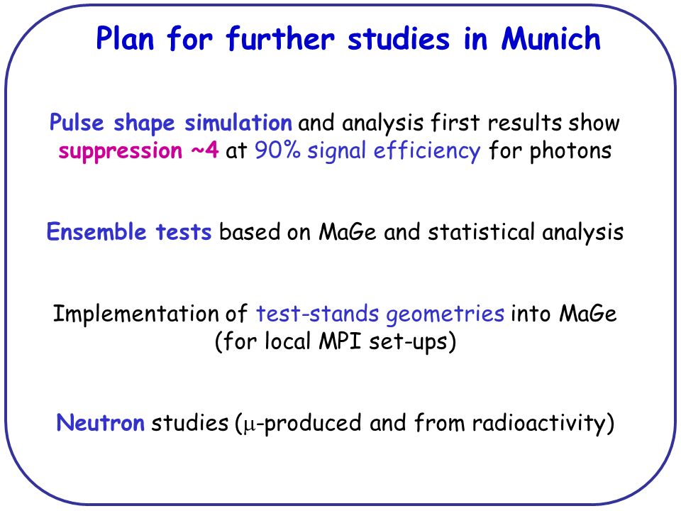 Plan for further studies in Munich Pulse shape simulation and analysis first results show suppression ~4 at 90% signal efficiency for photons Ensemble tests based on MaGe and statistical analysis Implementation of test-stands geometries into MaGe (for local MPI set-ups) Neutron studies (  -produced and from radioactivity)
