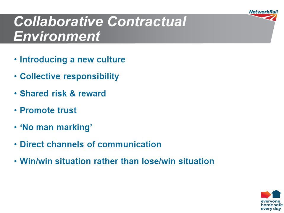 10 Collaborative Contractual Environment Introducing a new culture Collective responsibility Shared risk & reward Promote trust ‘No man marking’ Direct channels of communication Win/win situation rather than lose/win situation