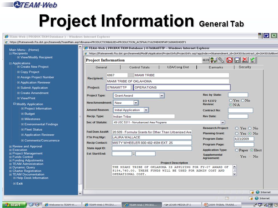 FTA Office of Program Management 11 Project Information General Tab