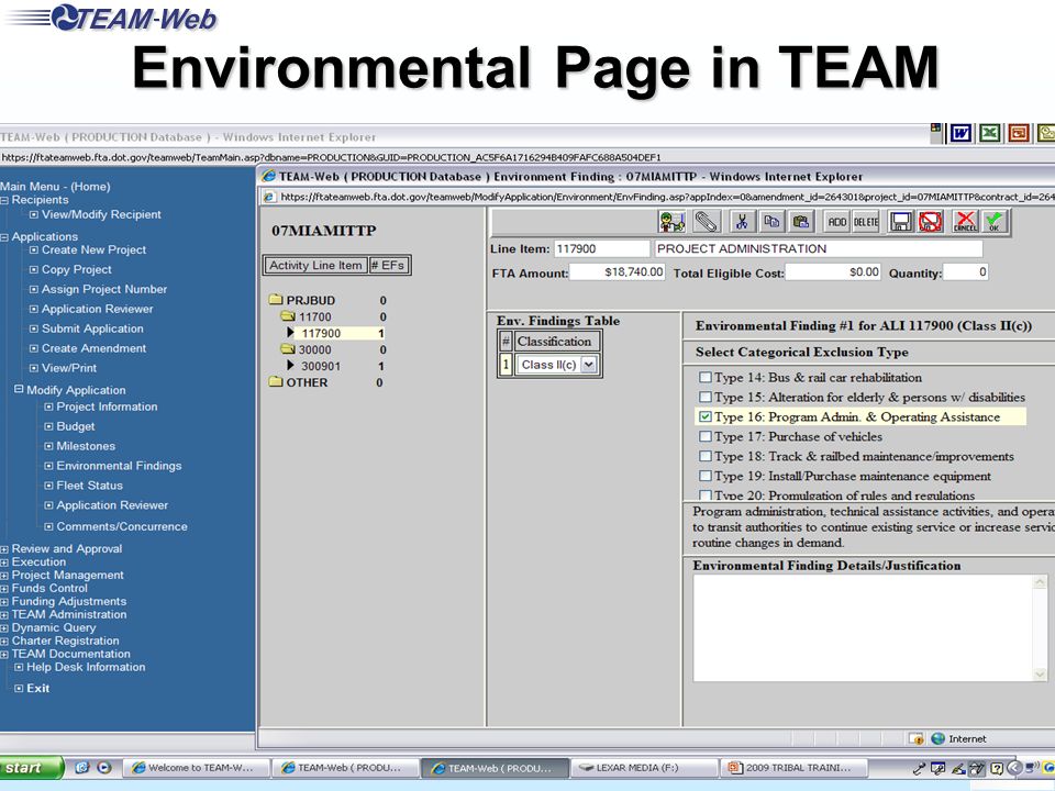 FTA Office of Program Management 17 Environmental Page in TEAM