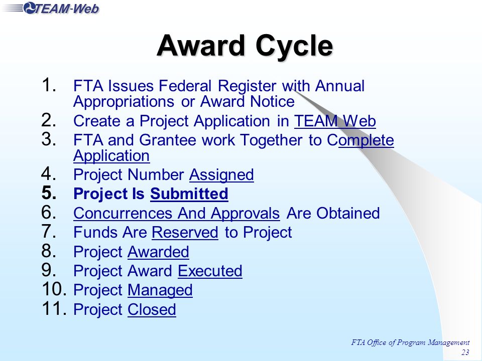 FTA Office of Program Management 23 Award Cycle 1.