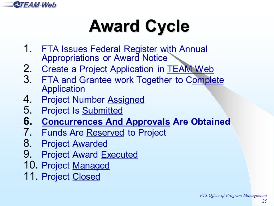 FTA Office of Program Management 25 Award Cycle 1.