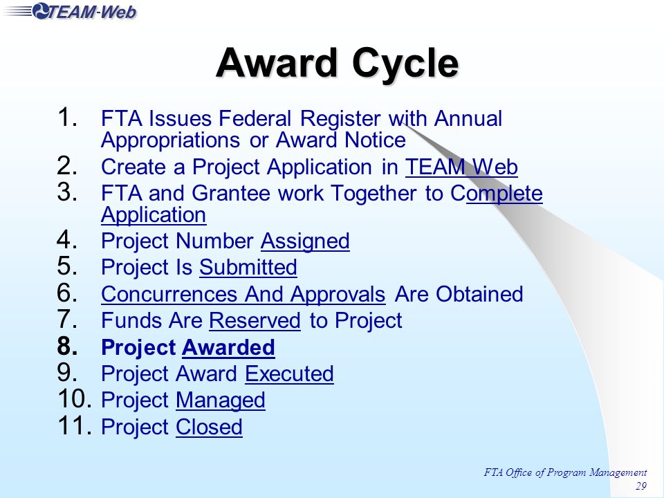 FTA Office of Program Management 29 Award Cycle 1.