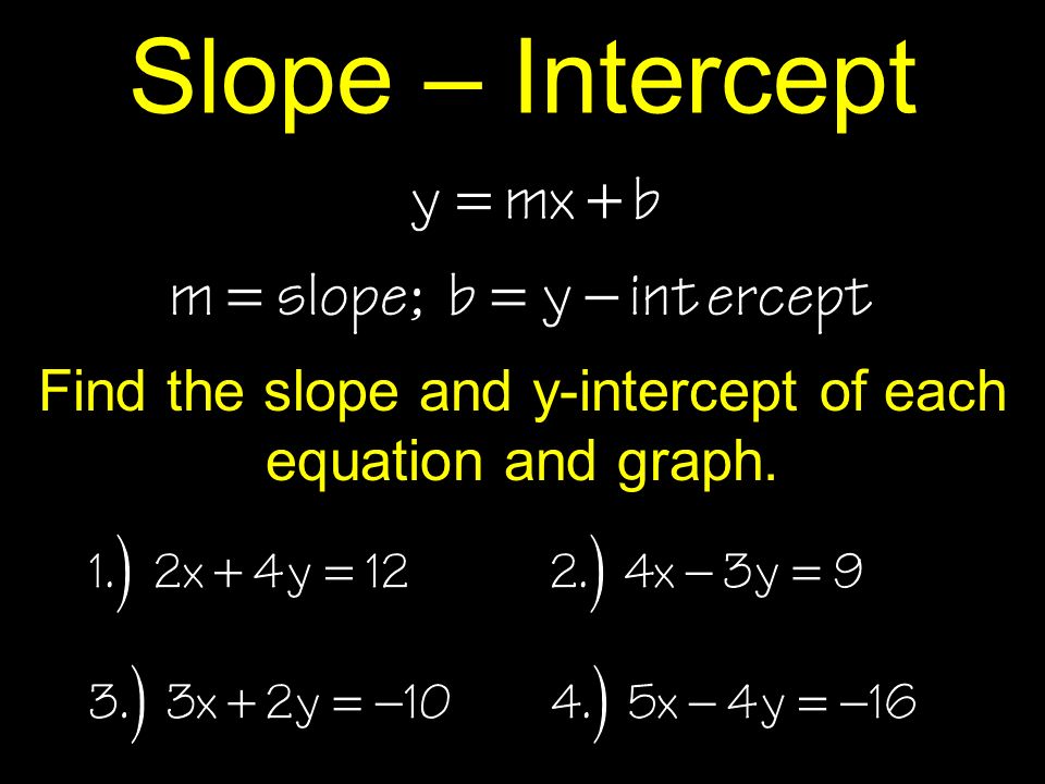 Slope – Intercept Find the slope and y-intercept of each equation and graph.