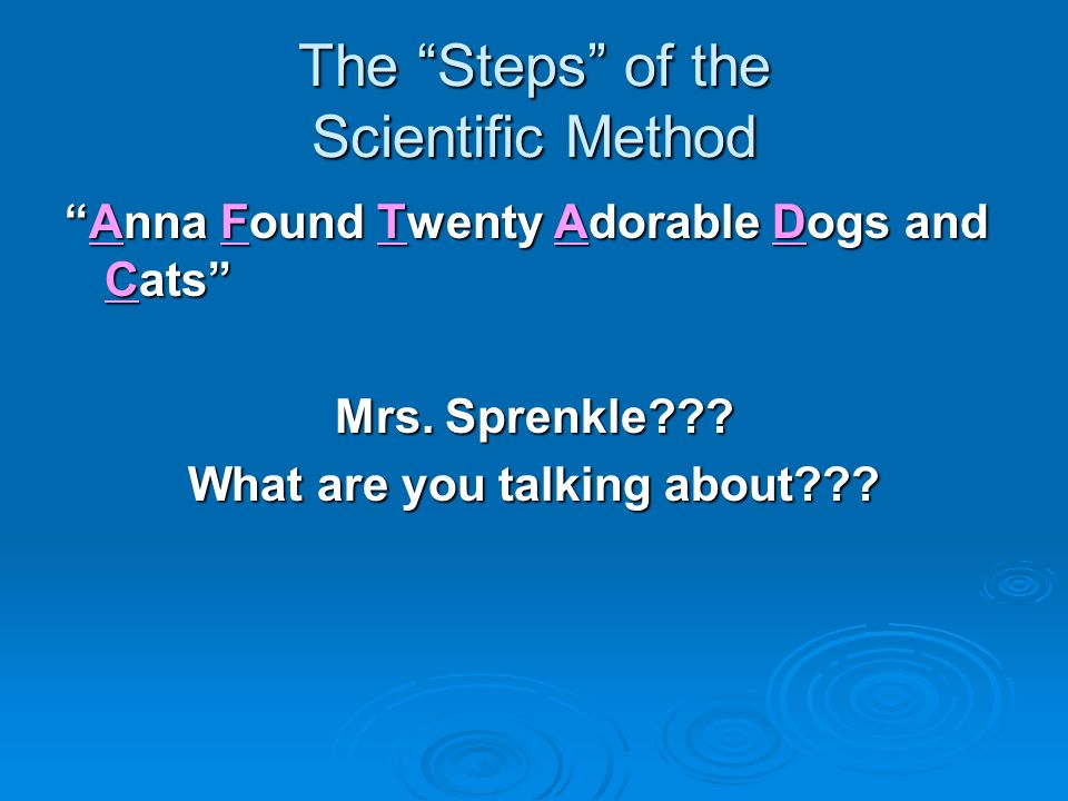 The Steps of the Scientific Method Anna Found Twenty Adorable Dogs and Cats Mrs.