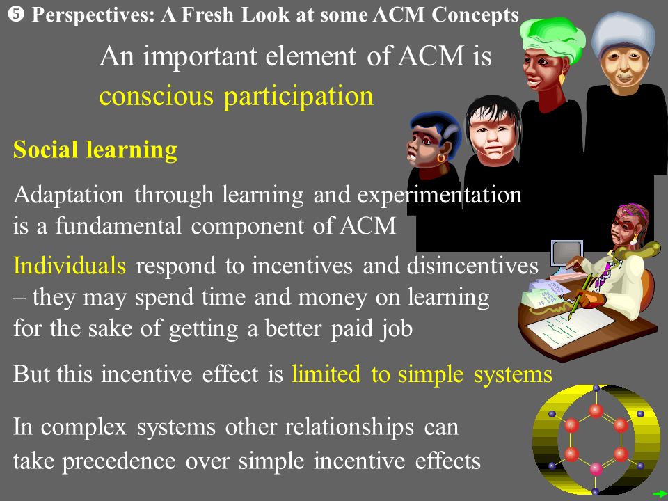  Perspectives: A Fresh Look at some ACM Concepts An important element of ACM is conscious participation Social learning Individuals respond to incentives and disincentives – they may spend time and money on learning for the sake of getting a better paid job But this incentive effect is limited to simple systems In complex systems other relationships can take precedence over simple incentive effects Adaptation through learning and experimentation is a fundamental component of ACM