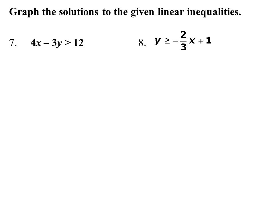 Graph the solutions to the given linear inequalities. 7. 4x – 3y > 12 8.