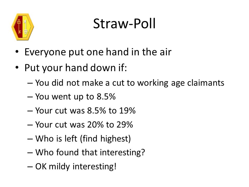 Straw-Poll Everyone put one hand in the air Put your hand down if: – You did not make a cut to working age claimants – You went up to 8.5% – Your cut was 8.5% to 19% – Your cut was 20% to 29% – Who is left (find highest) – Who found that interesting.