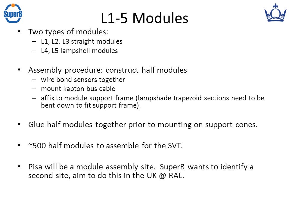 L1-5 Modules Two types of modules: – L1, L2, L3 straight modules – L4, L5 lampshell modules Assembly procedure: construct half modules – wire bond sensors together – mount kapton bus cable – affix to module support frame (lampshade trapezoid sections need to be bent down to fit support frame).