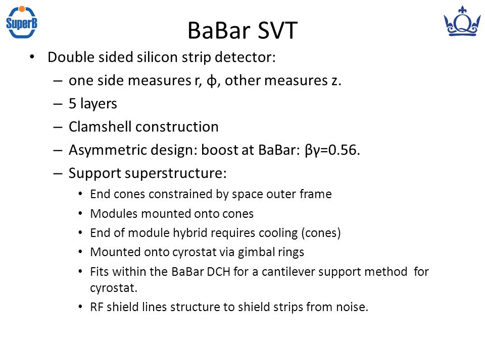 BaBar SVT Double sided silicon strip detector: – one side measures r, φ, other measures z.