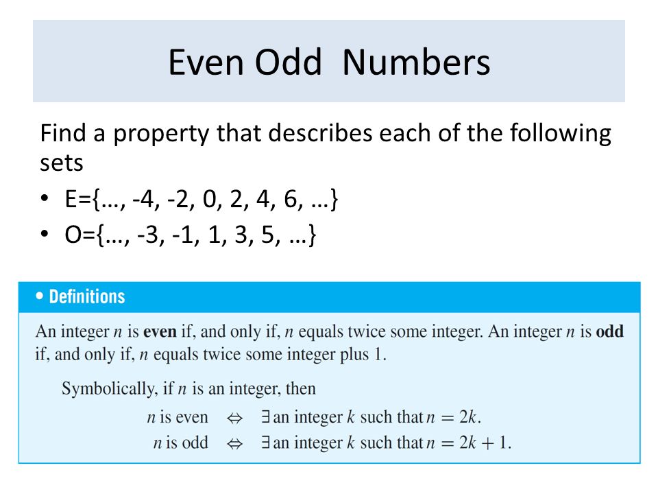 4.1 Proofs and Counterexamples. Even Odd Numbers Find a property that  describes each of the following sets E={…, -4, -2, 0, 2, 4, 6, …} O={…, -3,  -1, - ppt download