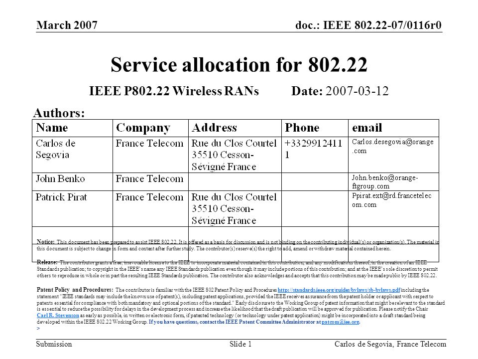 doc.: IEEE /0116r0 Submission March 2007 Carlos de Segovia, France TelecomSlide 1 Service allocation for IEEE P Wireless RANs Date: Authors: Notice: This document has been prepared to assist IEEE