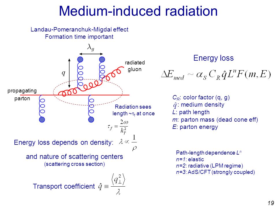 19 Medium-induced radiation propagating parton radiated gluon Landau-Pomeranchuk-Migdal effect Formation time important Radiation sees length ~  f at once Energy loss depends on density: and nature of scattering centers (scattering cross section) Transport coefficient C R : color factor (q, g) : medium density L: path length m: parton mass (dead cone eff) E: parton energy Path-length dependence L n n=1: elastic n=2: radiative (LPM regime) n=3: AdS/CFT (strongly coupled) Energy loss