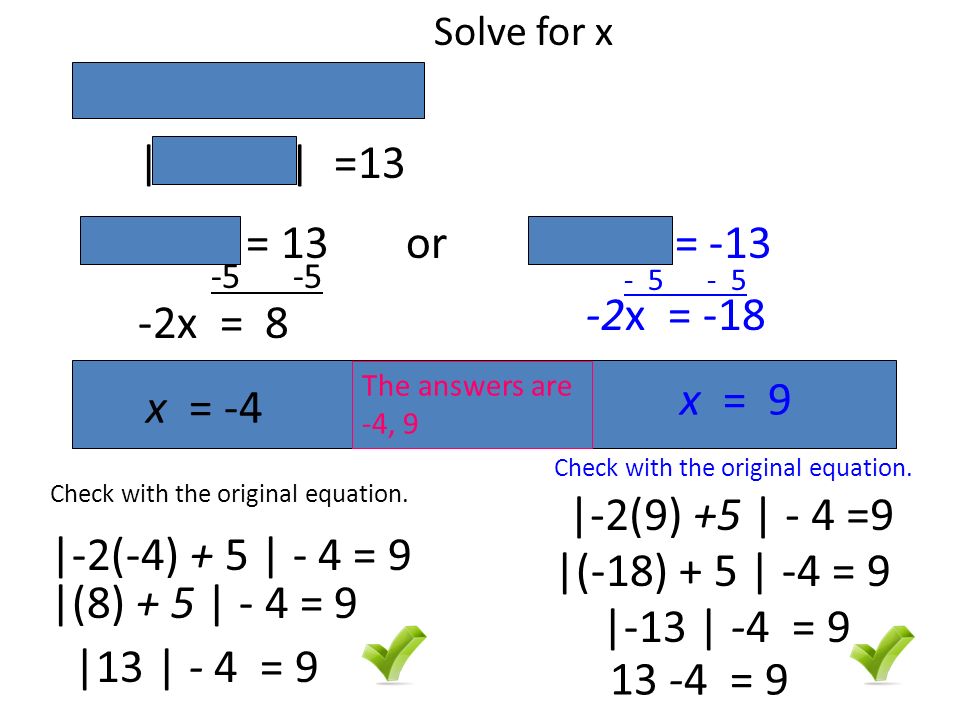 |-2x + 5| - 4 = 9 -2x + 5 = 13 or -2x + 5 = x = Check with the original equation.