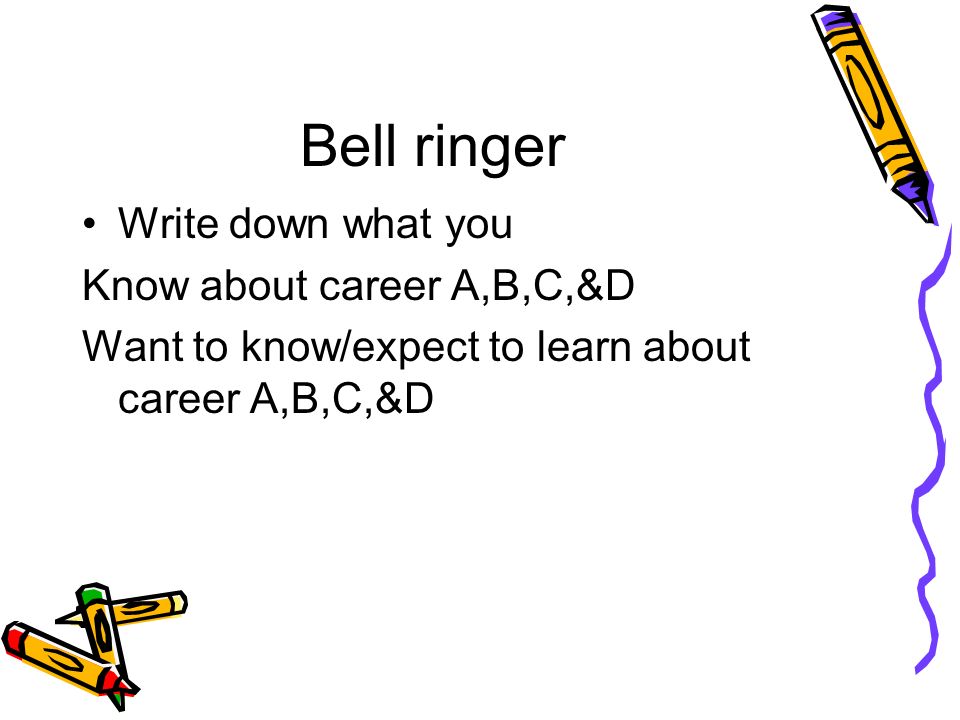 Bell ringer Write down what you Know about career A,B,C,&D Want to know/expect to learn about career A,B,C,&D