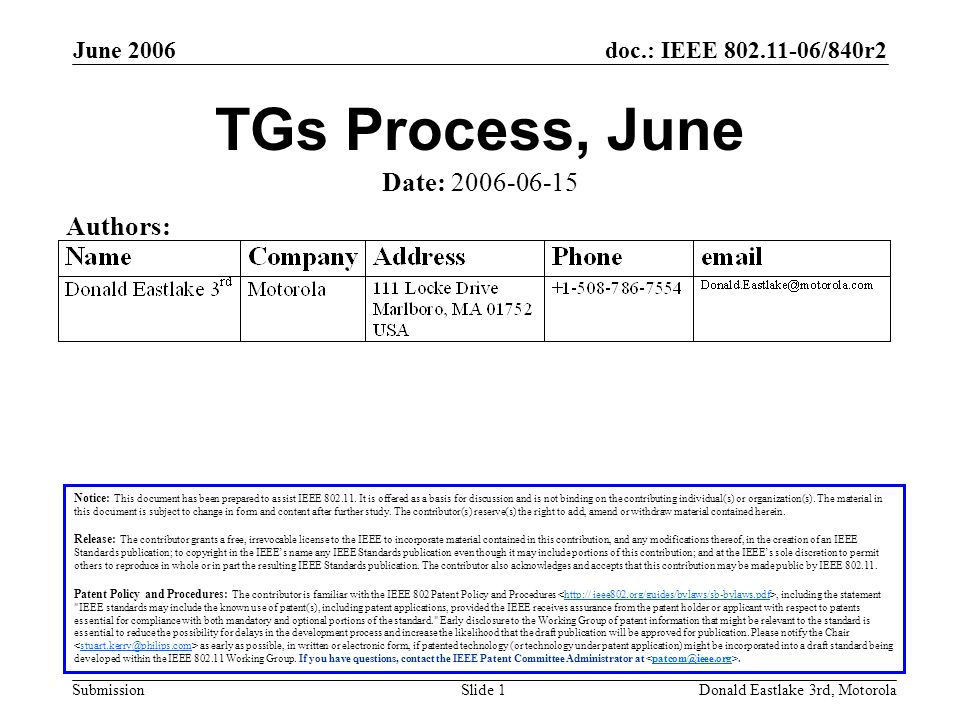 doc.: IEEE /840r2 Submission June 2006 Donald Eastlake 3rd, MotorolaSlide 1 TGs Process, June Notice: This document has been prepared to assist IEEE