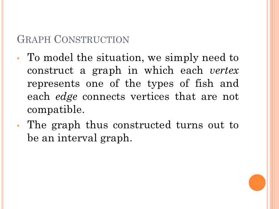 G RAPH C ONSTRUCTION To model the situation, we simply need to construct a graph in which each vertex represents one of the types of fish and each edge connects vertices that are not compatible.