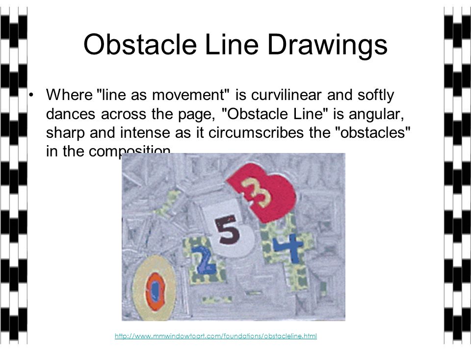 Obstacle Line Drawings Where line as movement is curvilinear and softly dances across the page, Obstacle Line is angular, sharp and intense as it circumscribes the obstacles in the composition.