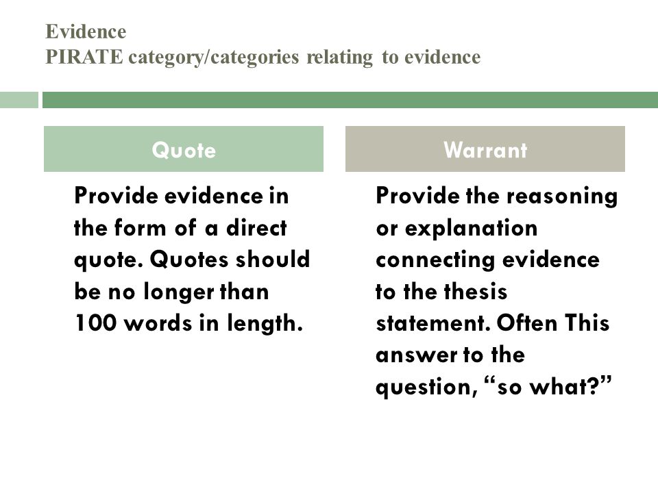 Evidence PIRATE category/categories relating to evidence Provide evidence in the form of a direct quote.