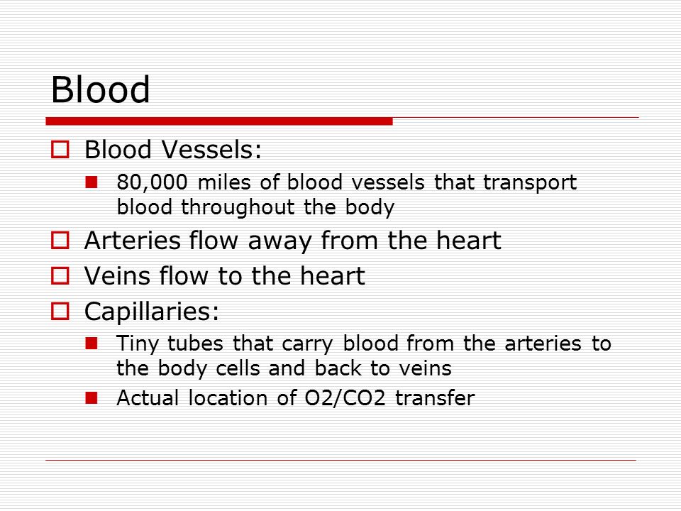 Blood  Blood Vessels: 80,000 miles of blood vessels that transport blood throughout the body  Arteries flow away from the heart  Veins flow to the heart  Capillaries: Tiny tubes that carry blood from the arteries to the body cells and back to veins Actual location of O2/CO2 transfer