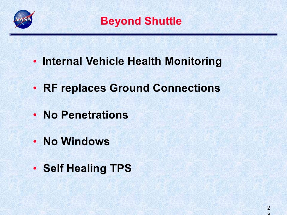 2828 Beyond Shuttle Internal Vehicle Health Monitoring RF replaces Ground Connections No Penetrations No Windows Self Healing TPS