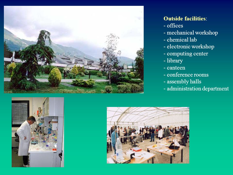 Outside facilities: - offices - mechanical workshop - chemical lab - electronic workshop - computing center - library - canteen - conference rooms - assembly halls - administration department