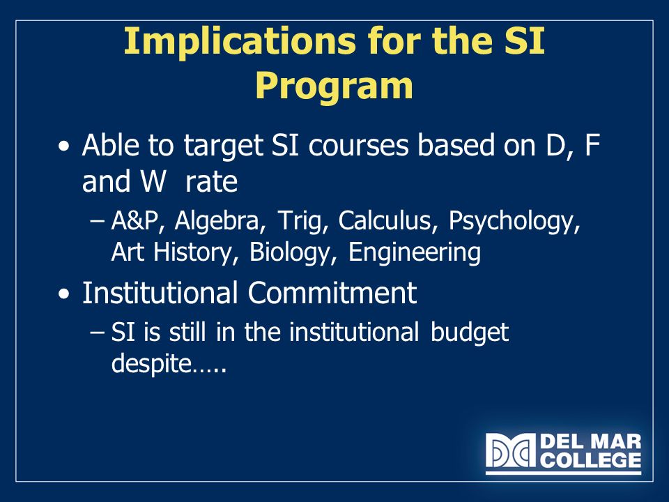 Implications for the SI Program Able to target SI courses based on D, F and W rate –A&P, Algebra, Trig, Calculus, Psychology, Art History, Biology, Engineering Institutional Commitment –SI is still in the institutional budget despite…..