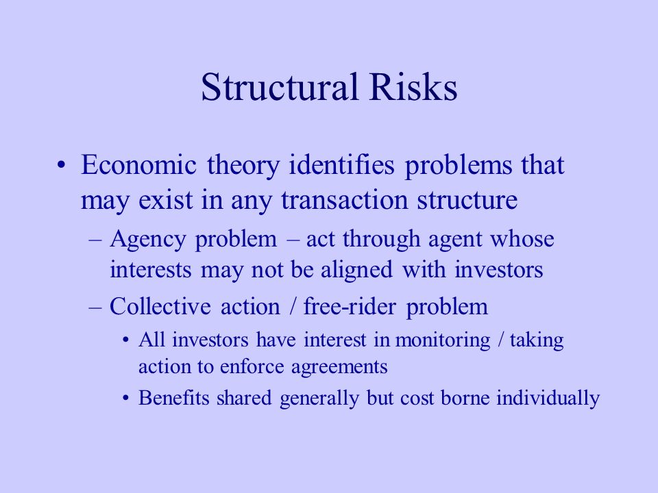 Structural Risks Economic theory identifies problems that may exist in any transaction structure –Agency problem – act through agent whose interests may not be aligned with investors –Collective action / free-rider problem All investors have interest in monitoring / taking action to enforce agreements Benefits shared generally but cost borne individually