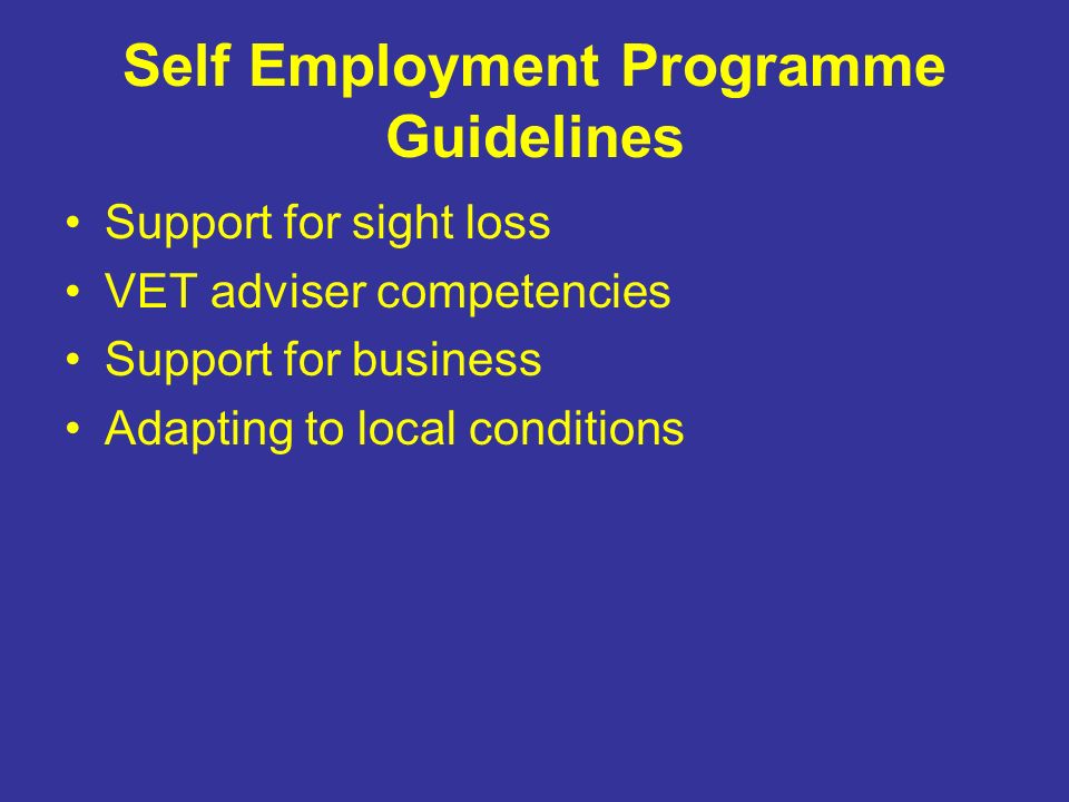 Self Employment Programme Guidelines Support for sight loss VET adviser competencies Support for business Adapting to local conditions