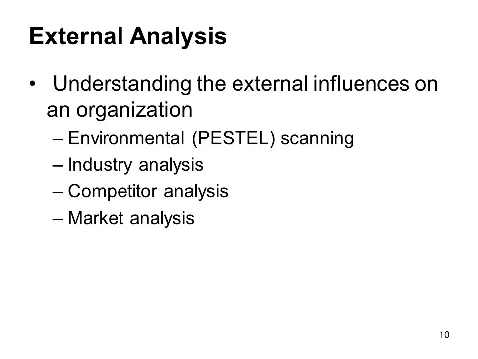 10 External Analysis Understanding the external influences on an organization –Environmental (PESTEL) scanning –Industry analysis –Competitor analysis –Market analysis
