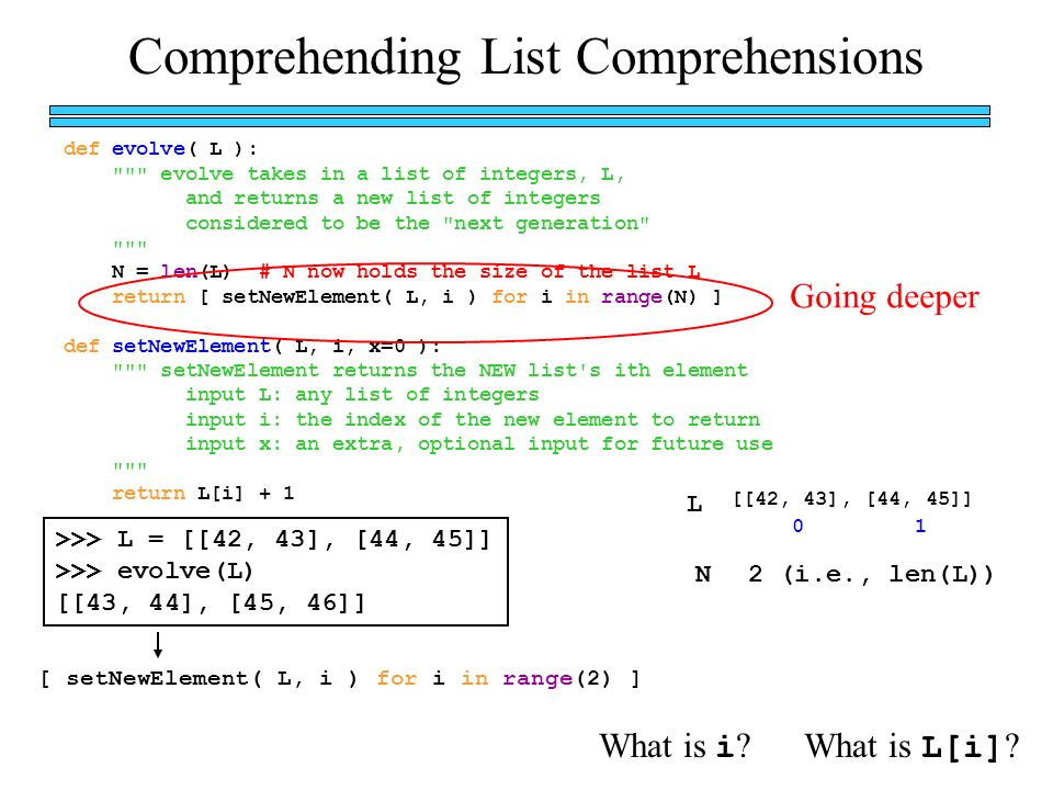 Comprehending List Comprehensions def evolve( L ): evolve takes in a list of integers, L, and returns a new list of integers considered to be the next generation N = len(L) # N now holds the size of the list L return [ setNewElement( L, i ) for i in range(N) ] def setNewElement( L, i, x=0 ): setNewElement returns the NEW list s ith element input L: any list of integers input i: the index of the new element to return input x: an extra, optional input for future use return L[i] + 1 >>> L = [[42, 43], [44, 45]] >>> evolve(L) [[43, 44], [45, 46]] [ setNewElement( L, i ) for i in range(2) ] L 01 N2 (i.e., len(L)) [[42, 43], [44, 45]] What is i .