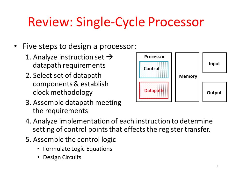 Review: Single-Cycle Processor Five steps to design a processor: 1.
