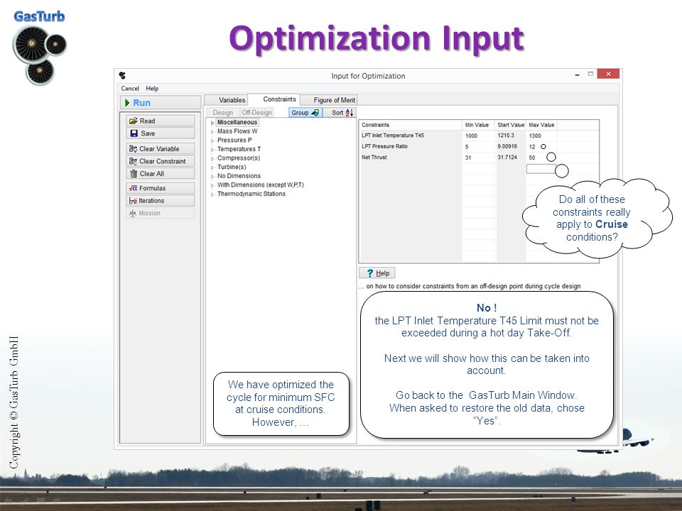 Optimization Input Do all of these constraints really apply to Cruise conditions.