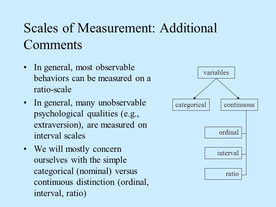 Scales of Measurement: Additional Comments In general, most observable behaviors can be measured on a ratio-scale In general, many unobservable psychological qualities (e.g., extraversion), are measured on interval scales We will mostly concern ourselves with the simple categorical (nominal) versus continuous distinction (ordinal, interval, ratio) categoricalcontinuous ordinal interval ratio variables