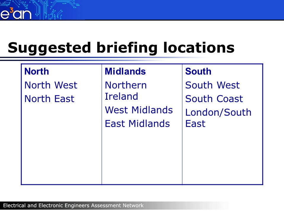 Suggested briefing locations North North West North East Midlands Northern Ireland West Midlands East Midlands South South West South Coast London/South East