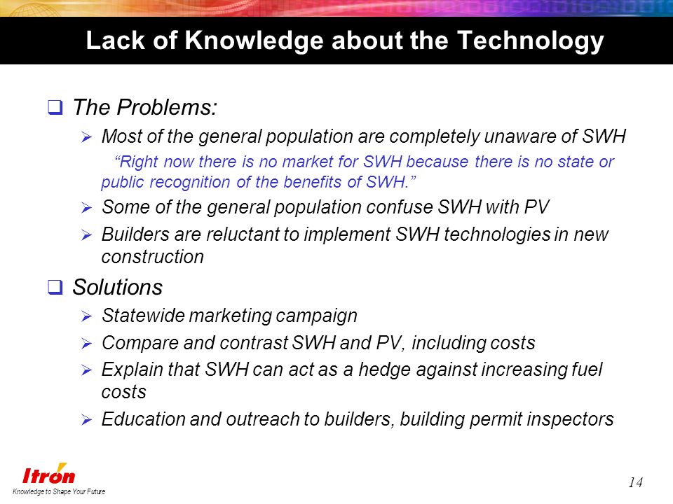 Knowledge to Shape Your Future 14 Lack of Knowledge about the Technology  The Problems:  Most of the general population are completely unaware of SWH Right now there is no market for SWH because there is no state or public recognition of the benefits of SWH.  Some of the general population confuse SWH with PV  Builders are reluctant to implement SWH technologies in new construction  Solutions  Statewide marketing campaign  Compare and contrast SWH and PV, including costs  Explain that SWH can act as a hedge against increasing fuel costs  Education and outreach to builders, building permit inspectors