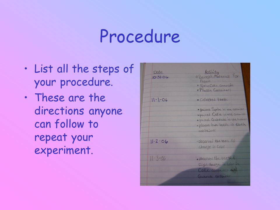 Procedure List all the steps of your procedure.