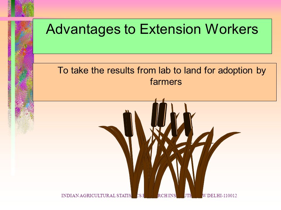 INDIAN AGRICULTURAL STATISTICS RESEARCH INSTITUTE, NEW DELHI Advantages to Extension Workers To take the results from lab to land for adoption by farmers