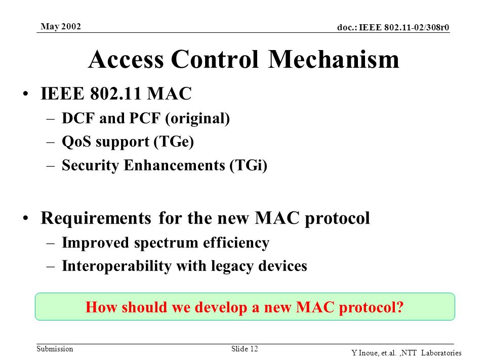 doc.: IEEE /308r0 Submission May 2002 Y Inoue, et.al.,NTT Laboratories Slide 12 Access Control Mechanism IEEE MAC –DCF and PCF (original) –QoS support (TGe) –Security Enhancements (TGi) Requirements for the new MAC protocol –Improved spectrum efficiency –Interoperability with legacy devices How should we develop a new MAC protocol
