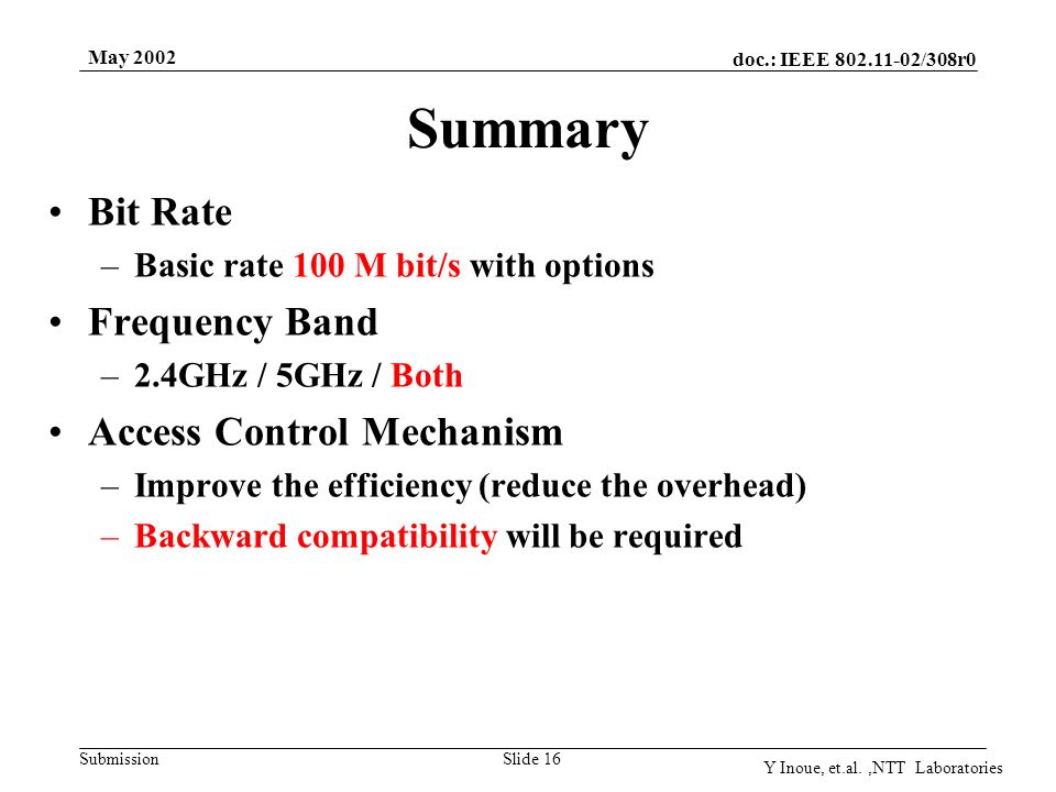 doc.: IEEE /308r0 Submission May 2002 Y Inoue, et.al.,NTT Laboratories Slide 16 Summary Bit Rate –Basic rate 100 M bit/s with options Frequency Band –2.4GHz / 5GHz / Both Access Control Mechanism –Improve the efficiency (reduce the overhead) –Backward compatibility will be required