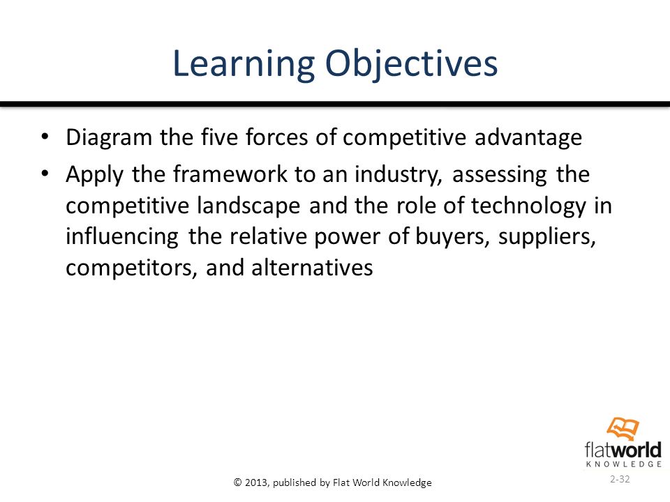 © 2013, published by Flat World Knowledge Learning Objectives Diagram the five forces of competitive advantage Apply the framework to an industry, assessing the competitive landscape and the role of technology in influencing the relative power of buyers, suppliers, competitors, and alternatives 2-32