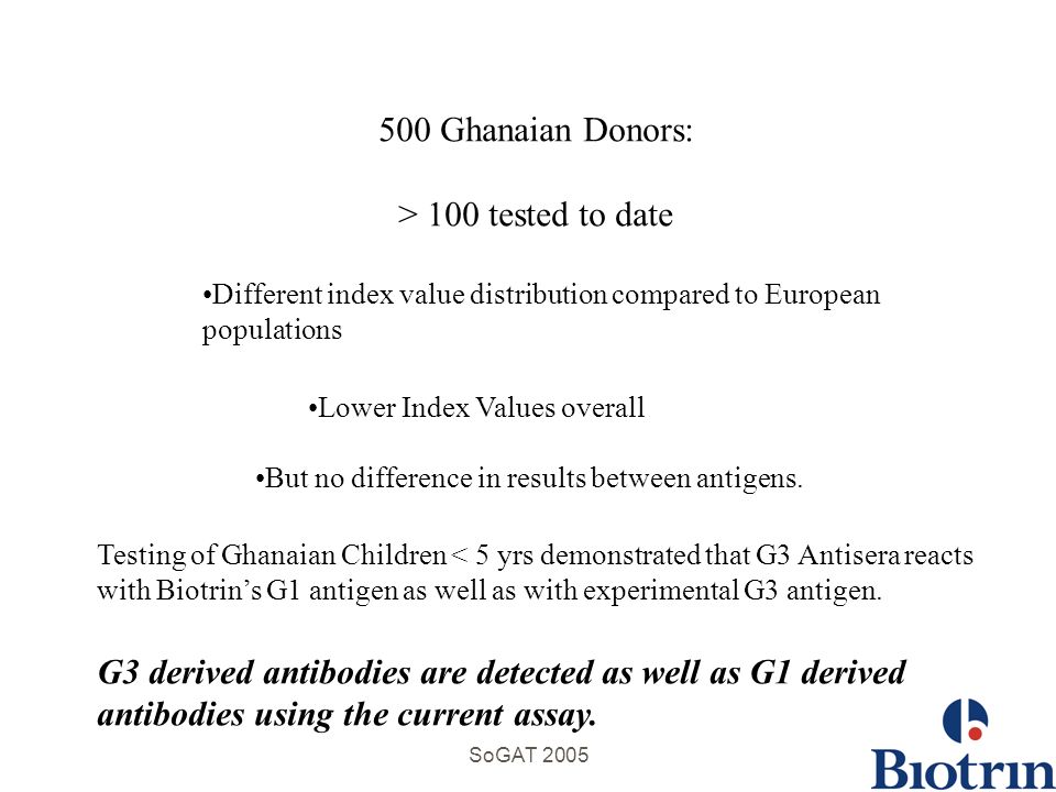 SoGAT Ghanaian Donors: > 100 tested to date Different index value distribution compared to European populations Lower Index Values overall But no difference in results between antigens.