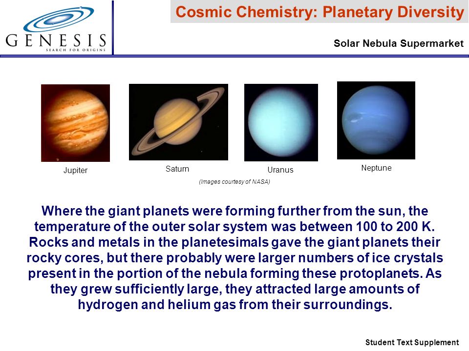 Cosmic Chemistry: Planetary Diversity Solar Nebula Supermarket Student Text Supplement Where the giant planets were forming further from the sun, the temperature of the outer solar system was between 100 to 200 K.