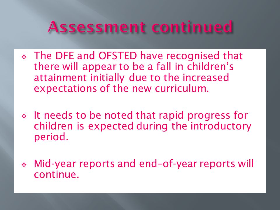  The DFE and OFSTED have recognised that there will appear to be a fall in children’s attainment initially due to the increased expectations of the new curriculum.