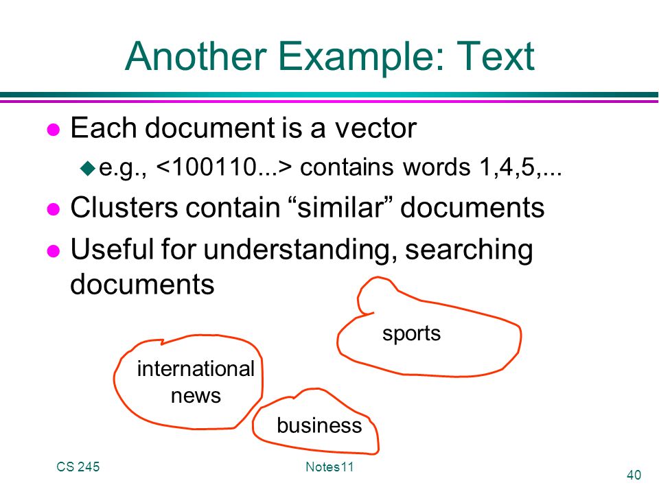 CS 245Notes11 40 Another Example: Text l Each document is a vector u e.g., contains words 1,4,5,...