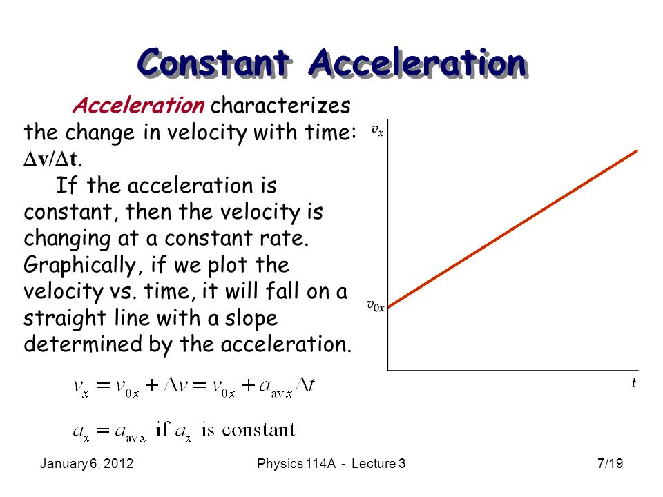 January 6, 2012Physics 114A - Lecture 37/19 Constant Acceleration Acceleration characterizes the change in velocity with time:  v/  t.