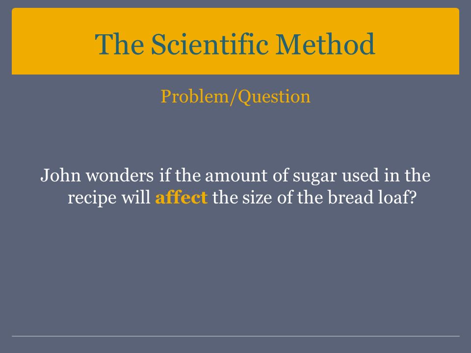The Scientific Method Problem/Question John wonders if the amount of sugar used in the recipe will affect the size of the bread loaf